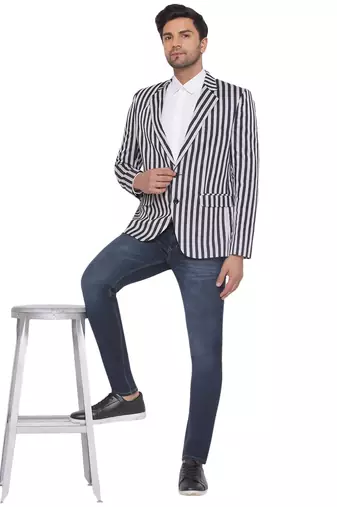 single-breasted collar two button round striped blazer for men (blue)