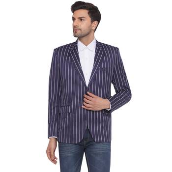 single-breasted collar two button round striped blazer for men (blue) 1