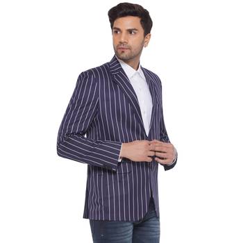 single-breasted collar two button round striped blazer for men (blue) 2