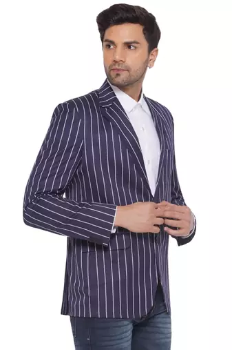 single-breasted collar two button round striped blazer for men (blue)