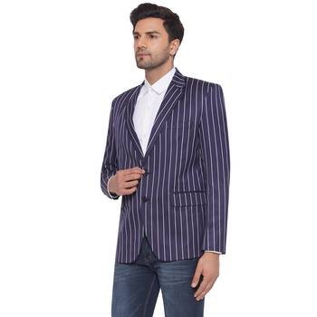 single-breasted collar two button round striped blazer for men (blue) 3