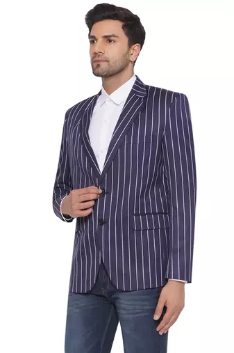 single-breasted collar two button round striped blazer for men (blue)