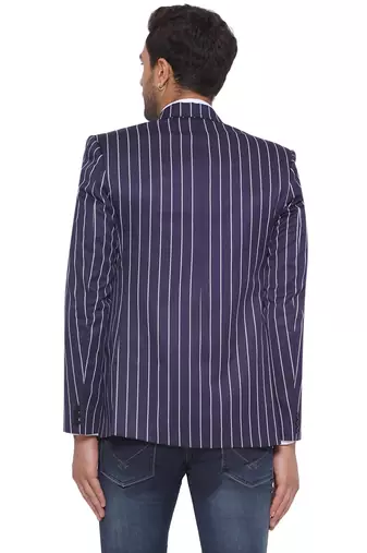 single-breasted collar two button round striped blazer for men (blue)