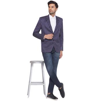 single-breasted collar two button round striped blazer for men (blue) 5