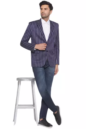 single-breasted collar two button round striped blazer for men (blue)