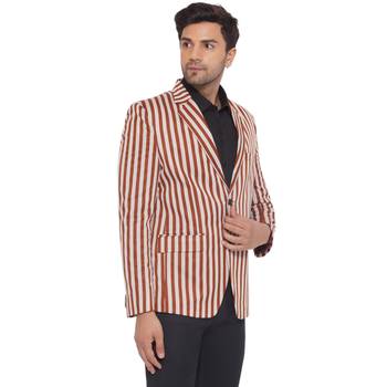 single-breasted collar two button round striped blazer for men (brown) 3