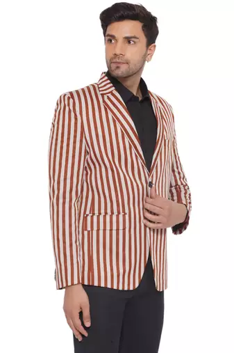 single-breasted collar two button round striped blazer for men (brown)