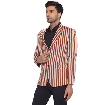 single-breasted collar two button round striped blazer for men (brown) 4