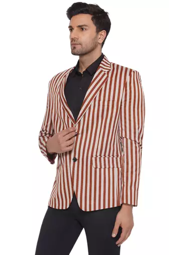 single-breasted collar two button round striped blazer for men (brown)