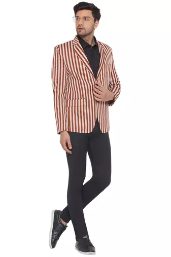 single-breasted collar two button round striped blazer for men (brown)