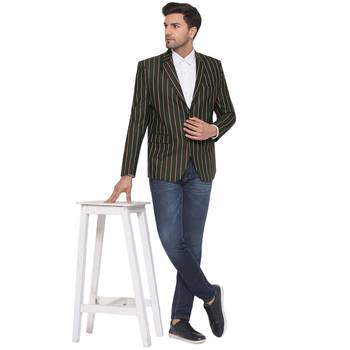 single-breasted collar two button round striped blazer for men (green) 5