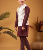 Boy's beige nehru jacket with wine kurta and pyjama set