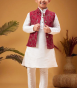 Boy's maroon nehru jacket with white kurta and pyjama set