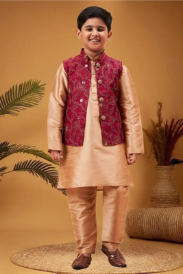 Boy's maroon woven jacket with rose gold kurta and pyjama set 1