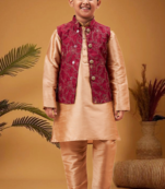 Boy's maroon woven jacket with rose gold kurta and pyjama set