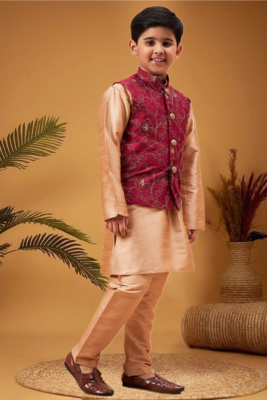 Boy's maroon woven jacket with rose gold kurta and pyjama set 2