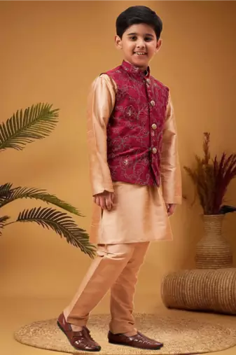 Boy's maroon woven jacket with rose gold kurta and pyjama set