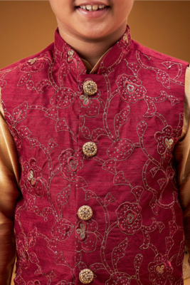 Boy's maroon woven jacket with rose gold kurta and pyjama set 3
