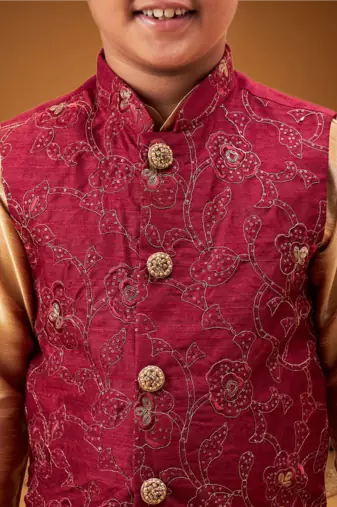 Boy's maroon woven jacket with rose gold kurta and pyjama set