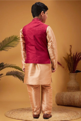 Boy's maroon woven jacket with rose gold kurta and pyjama set 4