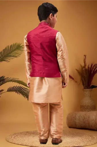 Boy's maroon woven jacket with rose gold kurta and pyjama set
