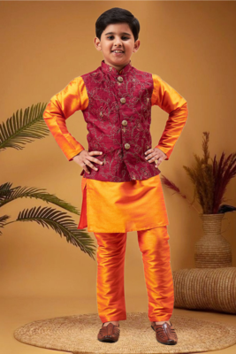 Boy's maroon nehru jacket with orange kurta and pyjama set 1