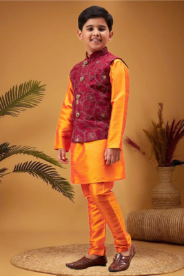 Boy's maroon nehru jacket with orange kurta and pyjama set 2