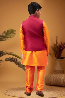Boy's maroon nehru jacket with orange kurta and pyjama set 3