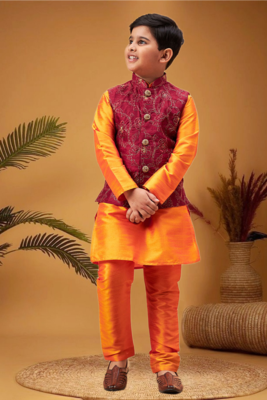 Boy's maroon nehru jacket with orange kurta and pyjama set 4