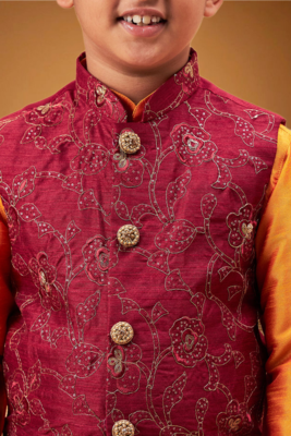 Boy's maroon nehru jacket with orange kurta and pyjama set 5