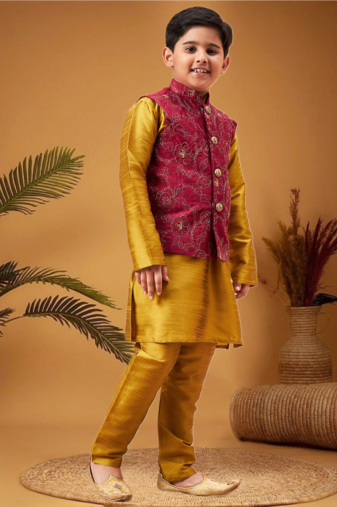 Boy's maroon woven jacket with mustard kurta and pyjama set