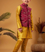 Boy's maroon woven jacket with mustard kurta and pyjama set