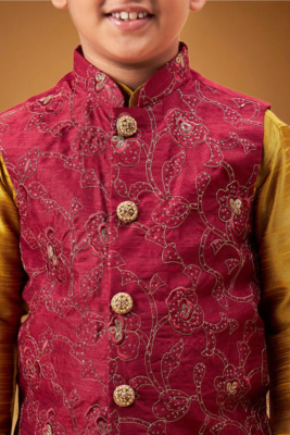 Boy's maroon woven jacket with mustard kurta and pyjama set 2