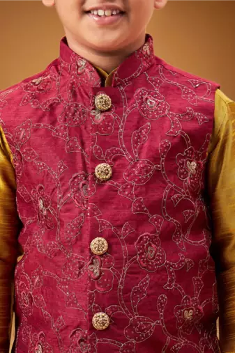 Boy's maroon woven jacket with mustard kurta and pyjama set