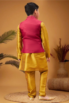 Boy's maroon woven jacket with mustard kurta and pyjama set 3