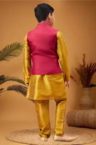 Boy's maroon woven jacket with mustard kurta and pyjama set
