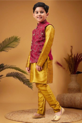 Boy's maroon woven jacket with mustard kurta and pyjama set 4