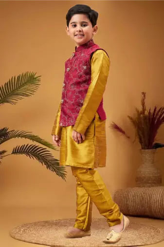 Boy's maroon woven jacket with mustard kurta and pyjama set