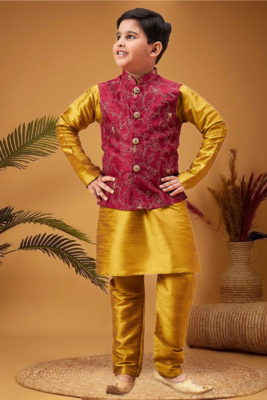 Boy's maroon woven jacket with mustard kurta and pyjama set 5