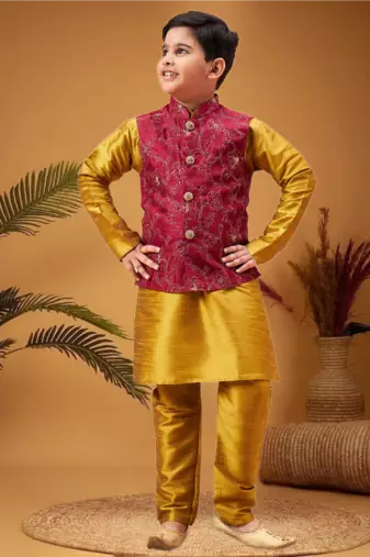Boy's maroon woven jacket with mustard kurta and pyjama set