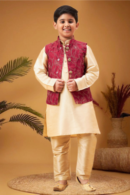 Boy's maroon nehru jacket with gold kurta and pyjama set 1