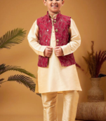 Boy's maroon nehru jacket with gold kurta and pyjama set