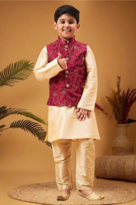 Boy's maroon nehru jacket with gold kurta and pyjama set 2
