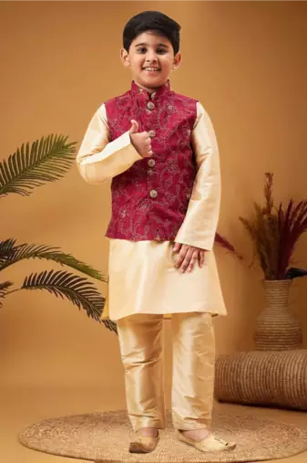 Boy's maroon nehru jacket with gold kurta and pyjama set
