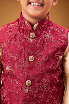 Boy's maroon nehru jacket with gold kurta and pyjama set 3