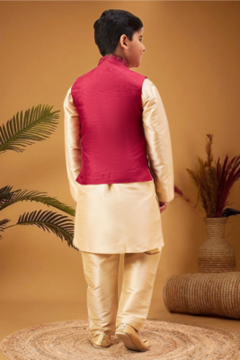 Boy's maroon nehru jacket with gold kurta and pyjama set 4