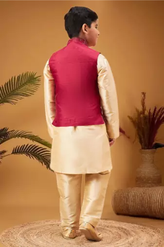 Boy's maroon nehru jacket with gold kurta and pyjama set