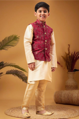 Boy's maroon nehru jacket with gold kurta and pyjama set 5