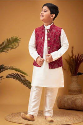 Boy's maroon nehru jacket with cream kurta and pyjama set 2