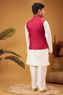 Boy's maroon nehru jacket with cream kurta and pyjama set 4